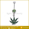 316L Surgical Steel 14G Pot Leaf Enamel Rhinestone Dangle Belly Ring